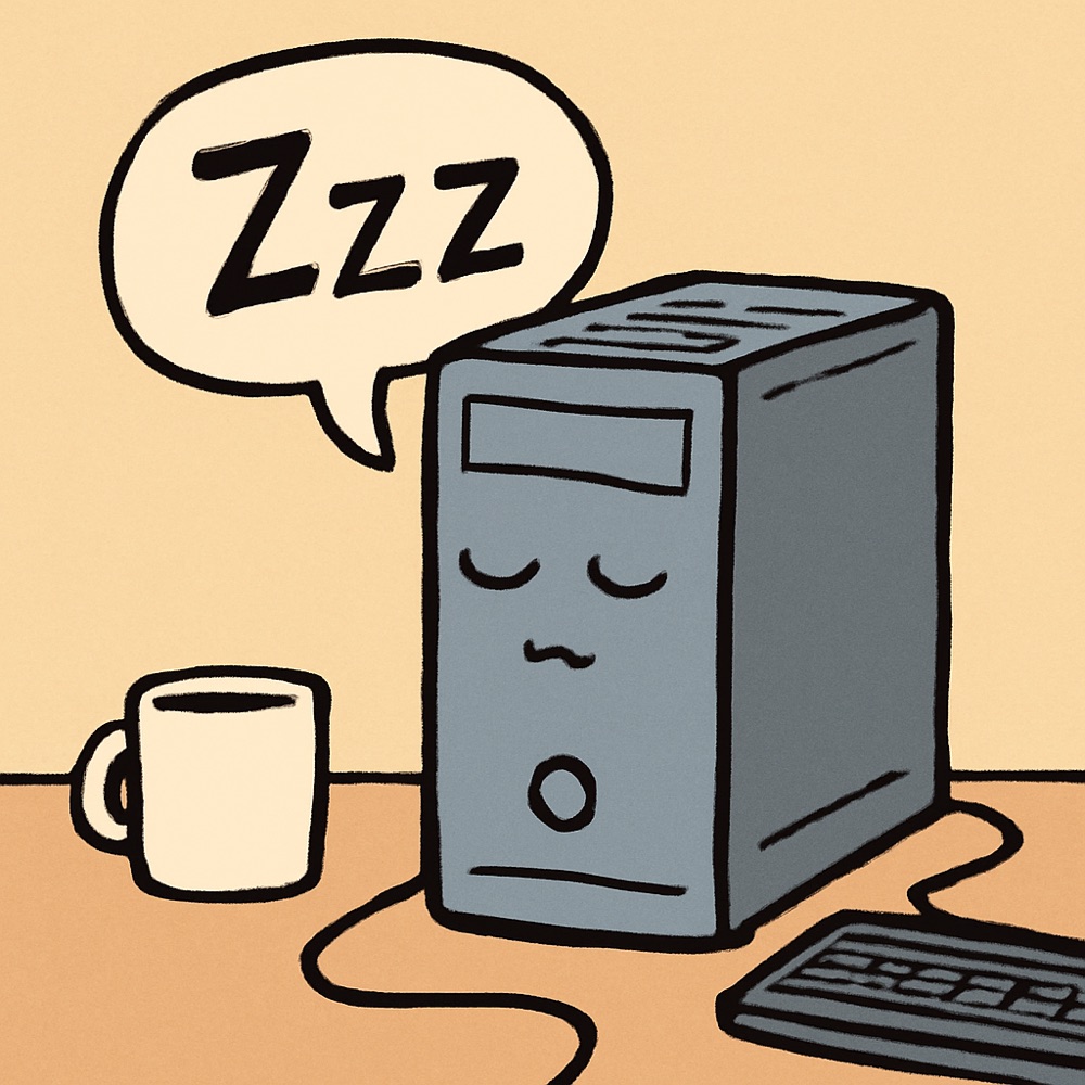 A drowsy home PC tower with its eyes shut, a Zzz speech bubble above it, sitting on a desk next to a coffee mug and a keyboard